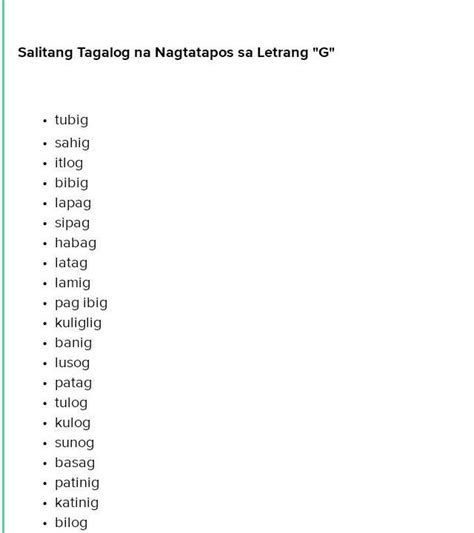 salitang nagtatapos sa g